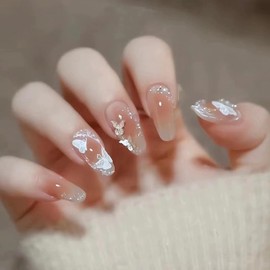 Nail Tip, Short, 24 Pieces, Medium, 3D Nail Seal, Butterfly, Pearl, Nail Tip, Gradient, Skin Color, Medium Long, Nail, Popular, Cute, Simple, Fashionable Party, Spring, Summer, Daily Life, Bridal Nail