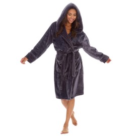 Metzuyan WS-AW23 Ladies Faux Fur Trim Robe Soft Plush Fleece Hooded Warm Dressing Gown Grey X-Large