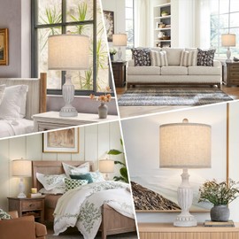 TOBUSA Farmhouse Living Room Table Lamps Set of 2, Grey Rustic Vintage Table Lamps for Bedroom Nightstand, Antique Bedside Desk Lamps with Linen Shade, 22’’ Traditional Resin Lamp Sets for End Table