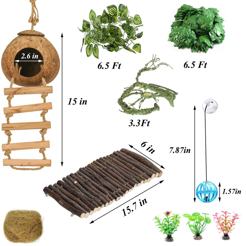 RUNANIA Crested Gecko Tank Accessories，Reptile Vines Plants with Coconut Shell