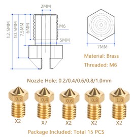 LANKEGU - Kit de 15 boquillas de latón para Anycubic Kobra, impresora 3D, 7 boquillas de 0,4 mm y 2 boquillas de latón de 0,2 mm, 0,6 mm, 0,8 mm, 1,0 mm para Anycubic Mega, Mega X, Chrion, Kobra,