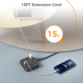 Flat Plug Extension Cord 15 Ft, TESSAN Surge Protector Power Strip with 6 Outlets and 3 USB Ports, 1700 Joules, Desktop Black Long Power Cord for Indoor Home Office School Dorm Room Essential