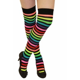 New Ladies Overknee Long Rainbow Multi Colour Stripe Print Womens Thigh High Striped Cotton Over Knee Socks By Angies Fashion Ltd (RAINBOW STRIPES)