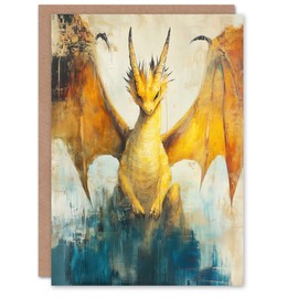 Artery8 Greeting Card Yellow Dragon With Big Wings Fantasy Oil Painting Blank For Him Or Her Art Birthday Card