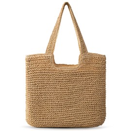 Trifabricy Beach Bag Tote - Straw Beach Bag for Women, Large Woven Capacity Beach Tote, Summer Handbag Shoulder Bag, Khaki