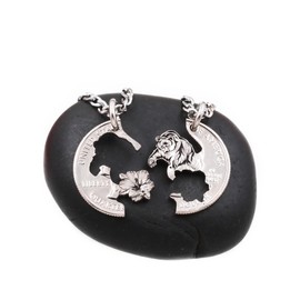 Engraved Grizzly Bear and Hibiscus Flower Necklaces, Animal Jewelry, Friendship and Relationship Gifts, BFF Hand Cut Coin, By NameCoins