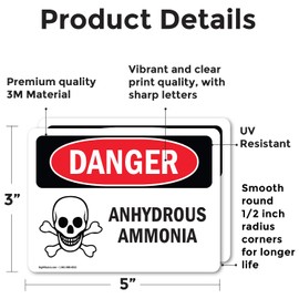 (2 Pack) Anhydrous Ammonia OSHA Danger Sign 5 Inch X 3.5 Inch Vinyl Label Decal Sticker Weather Resistant, UV Protected for Workplace, Business, and Construction Site, Made in the USA