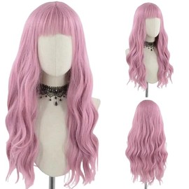FREE BEAUTY Pink Wig with Bangs for Women Long Pink Wavy Wigs Natural Wigs Natural Looking Heat Resistant Synthetic Wig for Daily Party Use 26 Inch