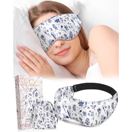 Miss Adola Cute Silk Weighted Eye Mask - Sleep Mask for Women Wife Mom Eye Mask for Sleeping Heat and Cold Lavender Mulberry Silk Eye Mask for Dry Eyes Ajustable with Drawstring Bag, Blue Flower