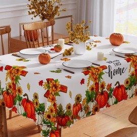 Fall Tablecloth 60x84 Inch Rectangle, Cross Pumpkins Table Cloth Seasonal Autumn Bless This Home Home Decor Waterproof Scalloped Edge Picnic Dining Table Cover