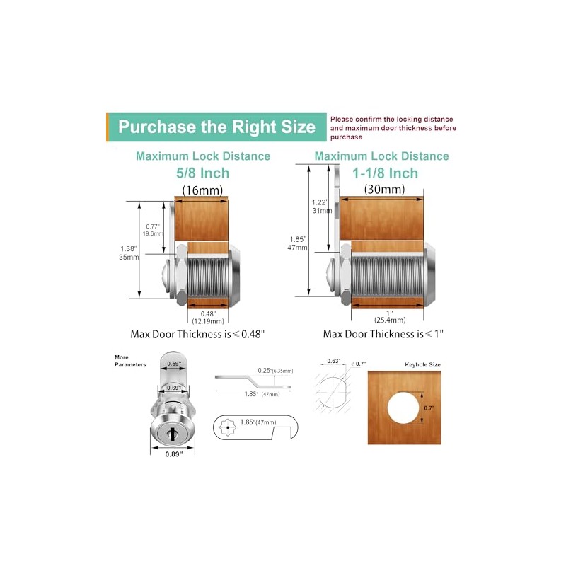2 Pack Cabinet Locks with Keys, 5/8" Cam Lock Keyed