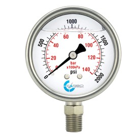CARBO Instruments 2" Pressure Gauge, Stainless Steel Case, Chrome Plated Brass Connection, Liquid Filled, 0-2000 psi/kPa, Lower Mount 1/4" NPT