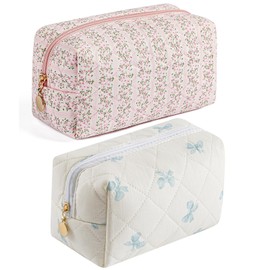 HHQQWZ Makeup Bag Travel Cosmetic Bag for Women Girls, Zipper Make Up Pouch, Floral Flowers Toiletry Organizer Makeup, Portable Storage Cosmetic Travel Cloth Bag (Pink+Blue Bow Tie)
