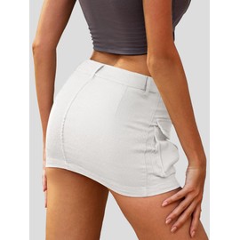 ELLEVEN Mini Cargo Skirts for Women High Stretchy, Low Waist Y2k Skirt Button Cute Denim Bodycon Jean Skirt with Pocket White X-Small