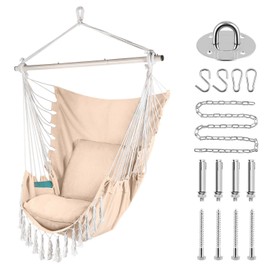 Flexzion Hammock Chair Swing, Hanging Swing Seat for Bedroom, Porch, Backyard, Garden, Indoor, Outdoor Hammock Chair with 2 Cushion Seats, 2 Inside Pockets for Kids and Adults up to 330 Pounds (White)