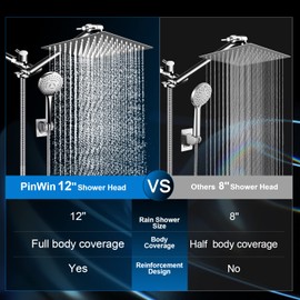 PinWin Modern 12" Large Square Rain Showerhead with 5 Modes Handheld Showerhead Combo, Adjustable Arm, Easy Tool-Free Installation