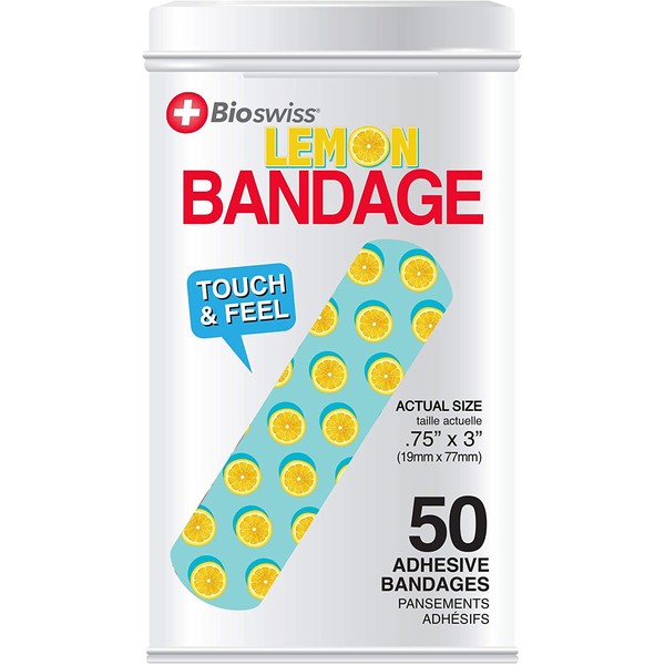BioSwiss Novelty Bandages Collectable Tin, Self-Adhesive Funny First Aid Bandages, Novelty Gag Gift (Lemon Strips)