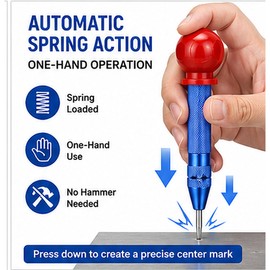 Automatic Center Punch Tool – Spring-Loaded Metal Marking Punch with HSS Tip, Knurled Aluminum Body & Emergency Glass Breaker, Blue