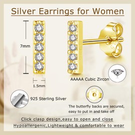 Zolkamery Stud Earrings 925 Silver, Small Silver Cross/Bar Stud Earrings, 925 Sterling Silver, Women's Gold-Plated Stud Earrings, Unisex Hypoallergenic Sleeping Cartilage Stud Earrings for Girls, Men,