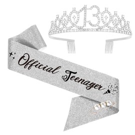 13th Birthday Sash and Tiara, Happy 13th Birthday Crown Birthday Gift for Girl, Teenager Thirteen Years Old Birthday Tiara Crowns for Girls Gift (Silver)