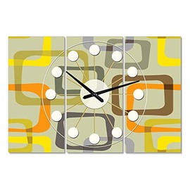 DesignQ 'Retro Square Design VII' Oversized Mid-Century Modern 3 Panels Wall Clock for Home Bedroom Bathroom Office Living Room Decoration