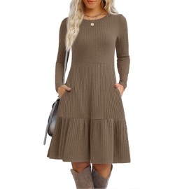 Zeagoo Womens Long Sleeve Knit Dress Brown Round Neck Rib Knit Tshirt Dresses Womens Sweater Dresses Fashion Casual Knee Length Dress for Fall 2025 L