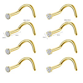 8PCS G23 Titanium Twist Screw Nose Studs 18G 20G Nose Rings 2mm 2.5mm 3mm Clear Pink Purple Aurora CZ Gold Nose Piercing Studs Nostril for Women Men (18g gold clear cz 2mm)