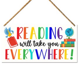 Classroom Sign Wood Decor, Inspirational Wall Decor for Library Kids Classroom Nursery Teen Read Room Teacher Sign Hanging Decorations, Reading Will Take You Everywhere
