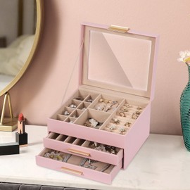 JBAOWEI 3-Layer Jewelry Box for Women, Jewelry Organizer with Glass Lid and Drawers, Jewelry Organizers and Storage for Necklaces, Rings, Earrings, Bracelets - White/Green/Black/Pink