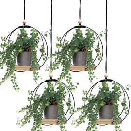 Geelin 4 Pack Plant Hanger with Wood Base Hanging Window Planter Boho Macrame Hanging Potted Plant Holders for Indoor Outdoor Window Wall Ceiling Home Decoration, Pot & Sapling Not Included(Black)