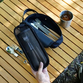 Tableware Storage Package Camping Cookware Bag Cookware Organizer Kitchen Mesh Case Cutlery Bag for Camping BBQ Cooking, Black, Rectangle
