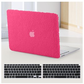 BYCeKe Compatible with MacBook Pro 13 inch Case M2 2024 2023 2022-2016 A2338 M1 A2251 A2289 A2159 A1989 A1708 A1706 Touch Bar, Soft Fluffy Fuzzy Plush Faux Fur Hard Shell Case & Keyboard Cover, H Pink