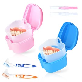 LAGAHS 2pcs Denture Case with 2pcs Toothbrush 2pcs Oral Brushes, Retainer Cleaner Case, Cleaner Denture Bath Box for Retainer Holder False Teeth(Pink Blue)