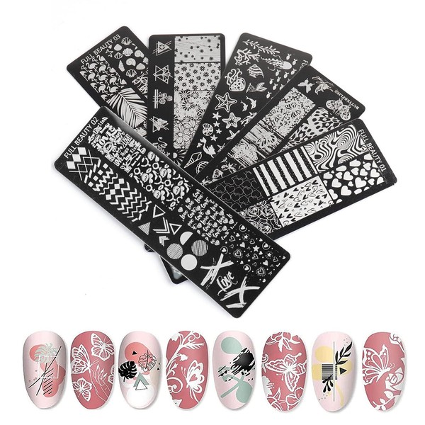 6 Pcs Nail Stamping Plates, Flowers, Lace, Geometric Patterns Nail Art Stamping Templates Manicure Tool Kit
