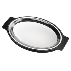 New Star Foodservice 26733 Oval Stainless Steel Sizzling Platter with Insulated Holder, 11.63" x 8", Black