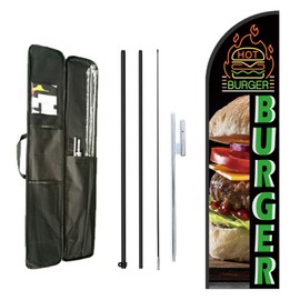 Burger Feather Flag Pole Kit for Hamburg Fast Food Store,Business Advertising Flag Kit Include 8 Feet Banner Flags and 12 Feet Flag Pole Kit,Heavy Duty Ground Stake and Portable Travel Bag