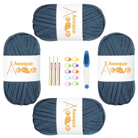 Aeeque Textile Yarn, T-Shirt Yarn for Crocheting, Ribbon Yarn for Baskets, T-Shirt Yarn for Crochet Bags, Thick Crochet Yarn, 4 x 100 g, T-Shirt Yarn Cowboy Blue