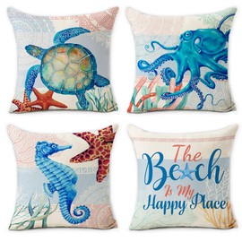 Hexagram Ocean Theme Vintage Pillow Covers 18 x 18 Inch Set of 4 Blue Sea Turtle Beach Pattern Soft Cotton Linen Throw Pillow Cover Cushion Case for Couch Sofa Living Room Indoor Outdoor Home Decor