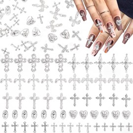 110 Pcs Cross Nail Charms Silver, Sliver Crosses Nail Gems Charms, 11 Styles Y2K Alloy Cross Nail Jewelry Charms for Nail Supplies DIY Accessories