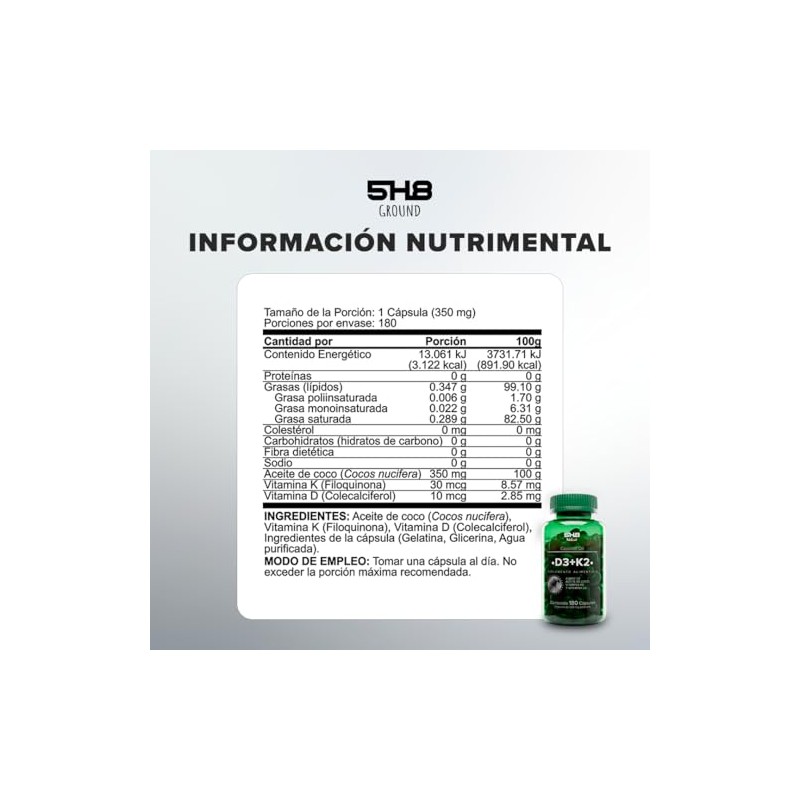 Vitamina D3+K2 Adicionado Con Aceite De Coco - 180 Capsulas