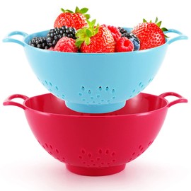 Meadow Lane 6-inch Small Colander, BPA-Free, Dishwasher Safe, Double Handles, Compact Food Strainer for Berries, Veggies and Pasta, 3-Cup Capacity, Red and Blue, 2-Pack