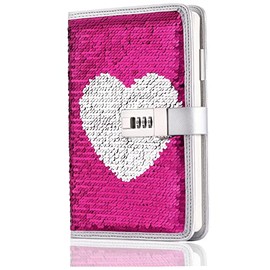 VIPbuy A5 Refillable Diary with Combination Lock, Reversible Sequin Personal Locking Journal Lined Writing Notebook with Card Slots (Heart)