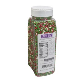 DECOPAC Christmas Trees & Holiday Dots Quins, 20.5oz, Fancy Sprinkles In Red, Green & White, Festive Edible Candy Sprinkles in Handheld Container For Celebration Cakes, Cupcakes, Cookies