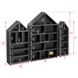 Ikee Design House-Shaped Wooden Shadow Cubby Box Display Shelf Organizer Storage Shadow Box for Mini Figures, Set of 3, 10 W x 2 1/4 D x 15 H in, Black Color