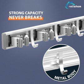 reliahom Broom Holder Wall Mount Mop and Broom Hanger Wall Mounted Garage Storage Rack Kitchen Garden Tool Organizer (5 Racks with 4 Hooks, Silver)