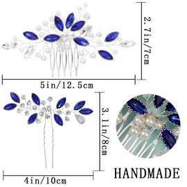 3 PCS Blue Rhinestone Hair Comb Peatl Leaf Hair Side Comb Grace Fashion Anti-slip Crystal Bridal Headpiece Handmade Wedding Prom Bridesmaids Women Girls Hair Accessories for Thick Thin Hair （Silver）