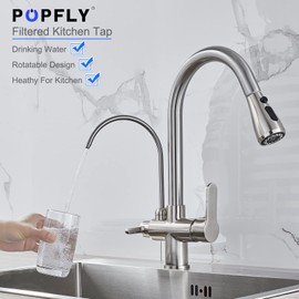 POPFLY Kitchen Faucet with Drinking Water Faucet, 3 in 1 Water Purifier Faucet, 2 Handle, 3-Function Pull Down Sprayer, Brass Body, Chrome