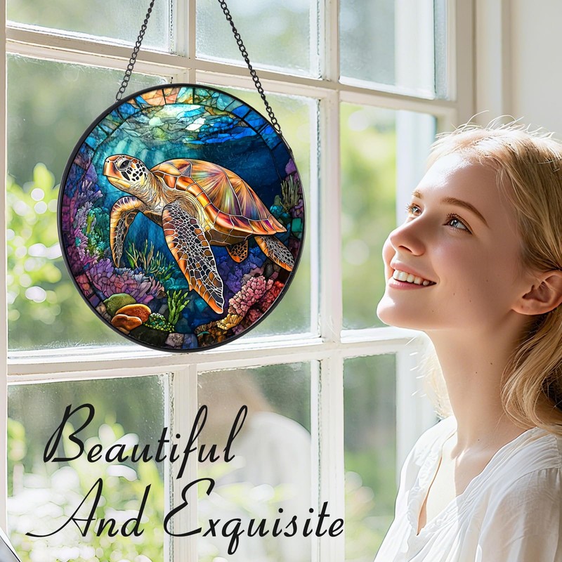 Zizzie Sea Turtle and Ocean Reef Round Suncatcher -7.9 in
