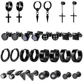 15 Pairs Men's Stainless Steel Stud Earrings Black Piercing Hoop Earrings Hanging Fashion Jewellery Accessory for Men Women, Stainless Steel, Created Zircon