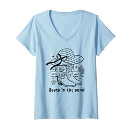 Womens Boots in The Sand Western Cowgirl Beach Country Coastal Girl V-Neck T-Shirt